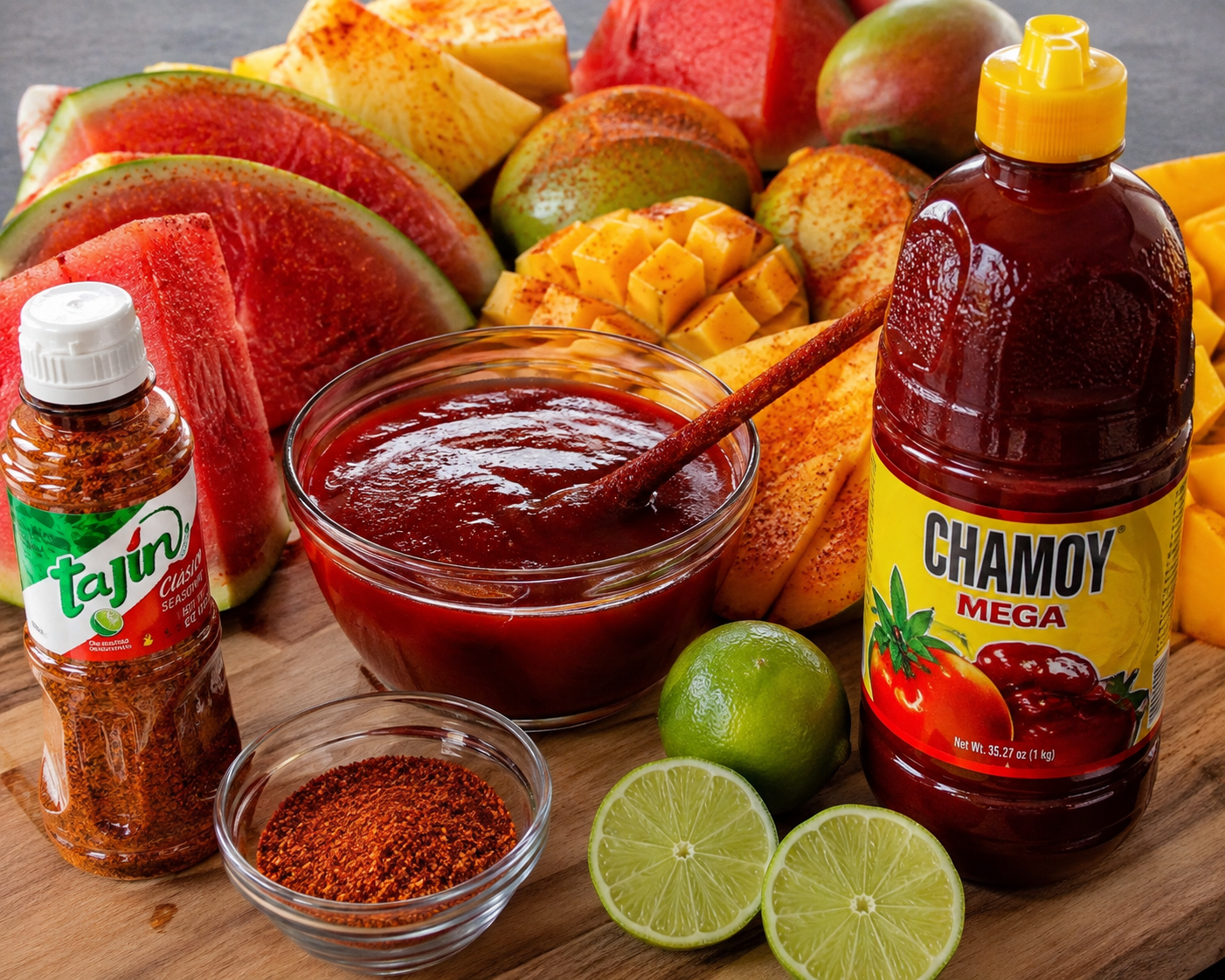 Chamoy, Tajín, and fresh fruit ingredients